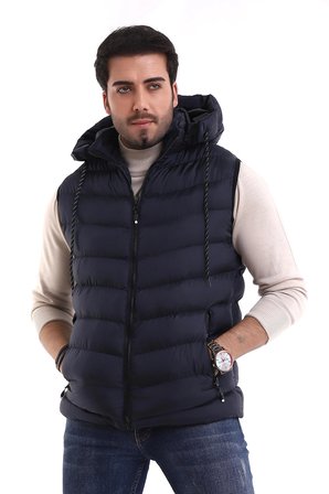 Erkek Jel Dolgu Çapraz Model Fermuarlı Kapşon İç Cepli Şişme Yelek Lacivert