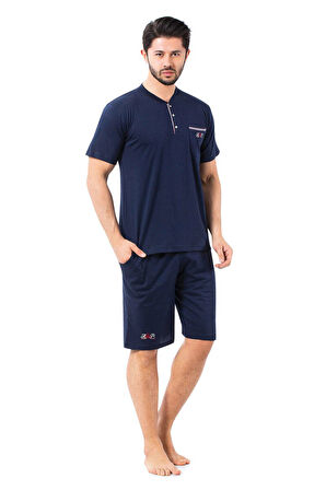 Erkek 3 Düğmeli Likralı Pamuk Kısa Kol Cepli Şortlu 3lü Pijama Takımı-3 Parça Kutulu Çeyizlik Set