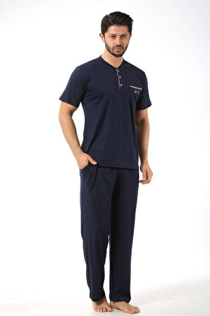 Erkek 3 Düğmeli Likralı Pamuk Kısa Kol Cepli Şortlu 3lü Pijama Takımı-3 Parça Kutulu Çeyizlik Set