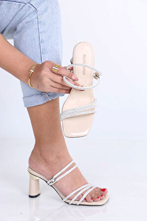 Drake Nude Taşlı Rugan Topuklu Kadın Terlik