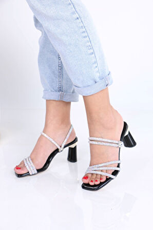 Drake Siyah Taşlı Rugan Topuklu Kadın Terlik