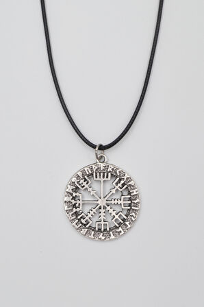 Viking Pusula Kolye (Vegvisir) - PU Deri İp Zincirli Unisex Gümüş Kaplama - 60 cm