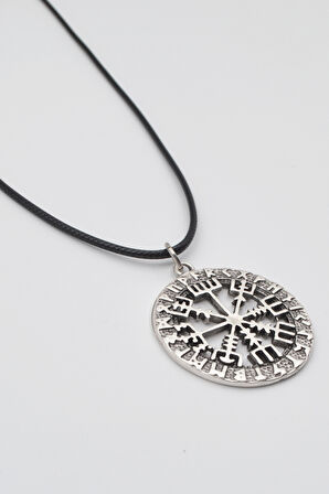Viking Pusula Kolye (Vegvisir) - PU Deri İp Zincirli Unisex Gümüş Kaplama - 60 cm
