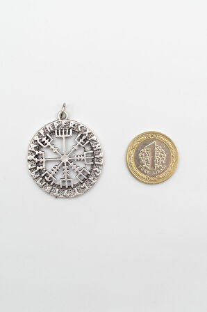 Viking Pusula Kolye (Vegvisir) - PU Deri İp Zincirli Unisex Gümüş Kaplama - 60 cm