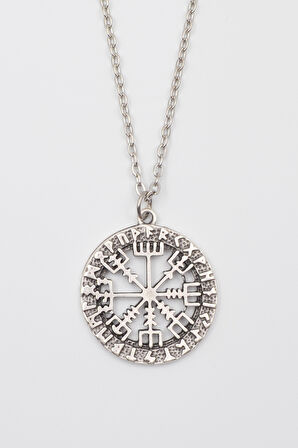 Viking Pusula Kolye (Vegvisir) - Düz Ezme İthal Zincirli Unisex Gümüş Kaplama - 60 cm