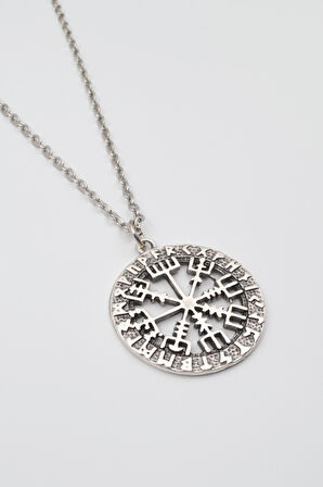 Viking Pusula Kolye (Vegvisir) - Düz Ezme İthal Zincirli Unisex Gümüş Kaplama - 60 cm