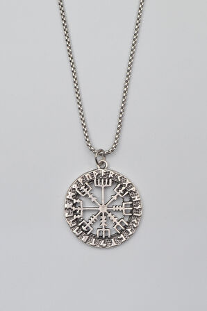 Viking Pusula Kolye (Vegvisir) - Örme İthal Zincirli Unisex Gümüş Kaplama - 60 cm