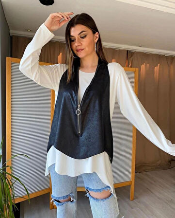 Kadın Bisiklet Yaka Uzun Kollu Viskon Bluz ve Fermuarlı Deri Yelek İkili Takım