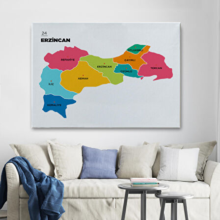 Harita Sepeti Erzincan İli ve İlçeler Haritası Dekoratif Kanvas Tablo 1333