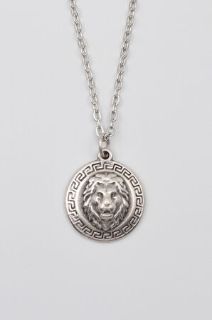 Kabartmalı Aslan Madalyon Kolye - Düz Ezme İthal Zincirli Unisex Gümüş Kaplama - 60 cm