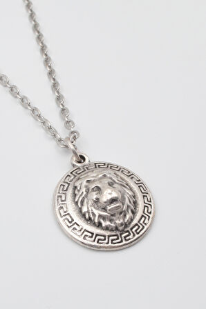Kabartmalı Aslan Madalyon Kolye - Düz Ezme İthal Zincirli Unisex Gümüş Kaplama - 60 cm