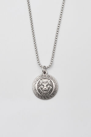 Kabartmalı Aslan Madalyon Kolye - Örme İthal Zincirli Unisex Gümüş Kaplama - 60 cm