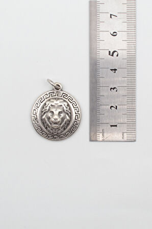 Kabartmalı Aslan Madalyon Kolye - Örme İthal Zincirli Unisex Gümüş Kaplama - 60 cm