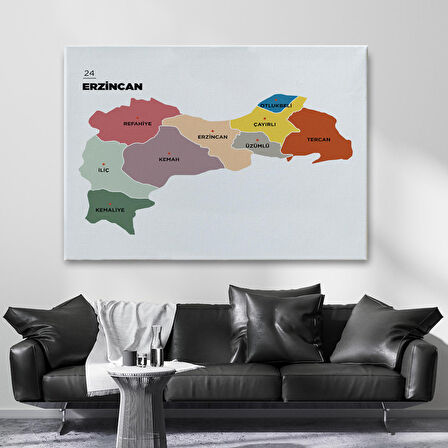 Harita Sepeti Erzincan İli ve İlçeler Haritası Dekoratif Kanvas Tablo 1334