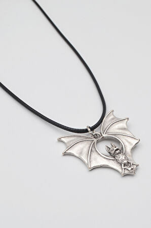 Gotik Yarasa Kolye - PU Deri İp Zincirli Unisex Gümüş Kaplama Kolye - 60 cm