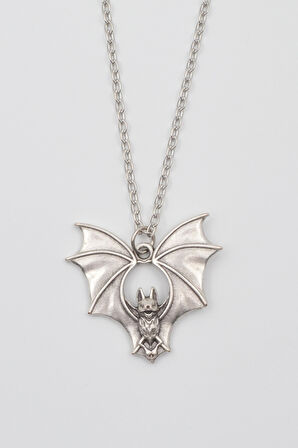 Gotik Yarasa Kolye - Düz Ezme İthal Zincirli Unisex Gümüş Kaplama Kolye - 60 cm