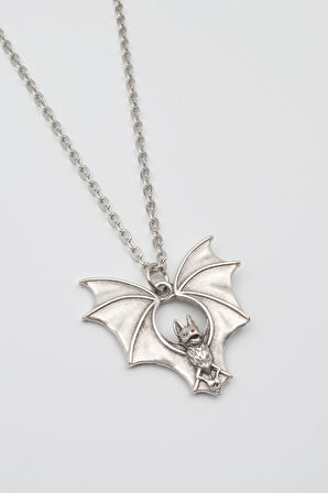 Gotik Yarasa Kolye - Düz Ezme İthal Zincirli Unisex Gümüş Kaplama Kolye - 60 cm