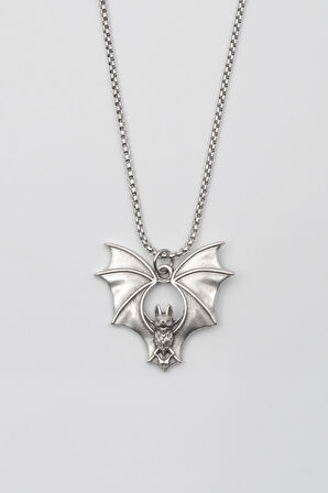 Gotik Yarasa Kolye - Örme İthal Zincirli Unisex Gümüş Kaplama Kolye - 60 cm
