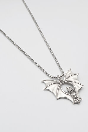 Gotik Yarasa Kolye - Örme İthal Zincirli Unisex Gümüş Kaplama Kolye - 60 cm