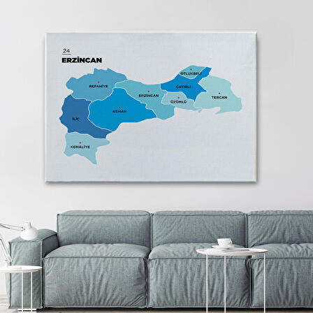 Harita Sepeti Erzincan İli ve İlçeler Haritası Dekoratif Kanvas Tablo 1335