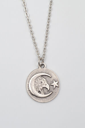 Ay Yıldız Kartal Figürlü Kolye - Düz Ezme İthal Zincirli Unisex Gümüş Kaplama - 60 cm