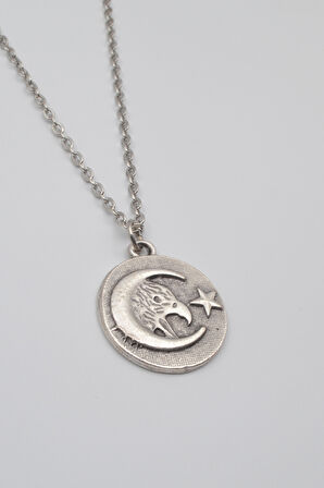 Ay Yıldız Kartal Figürlü Kolye - Düz Ezme İthal Zincirli Unisex Gümüş Kaplama - 60 cm