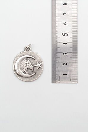 Ay Yıldız Kartal Figürlü Kolye - Düz Ezme İthal Zincirli Unisex Gümüş Kaplama - 60 cm