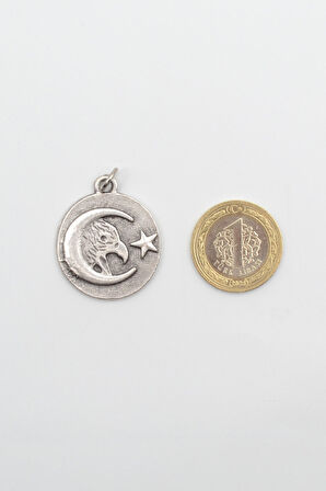 Ay Yıldız Kartal Figürlü Kolye - Düz Ezme İthal Zincirli Unisex Gümüş Kaplama - 60 cm