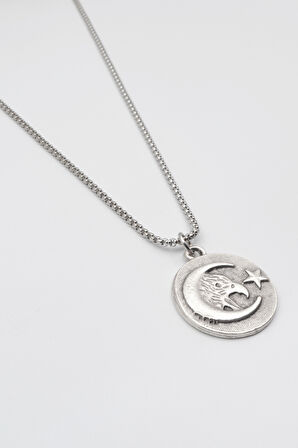 Ay Yıldız Kartal Figürlü Kolye - Örme İthal Zincirli Unisex Gümüş Kaplama - 60 cm