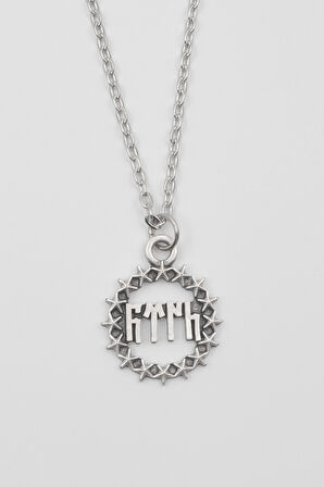 Göktürkçe Türk Yazılı ve Yıldızlı Kolye - Düz Ezme İthal Zincirli Unisex Gümüş Kaplama - 60 cm