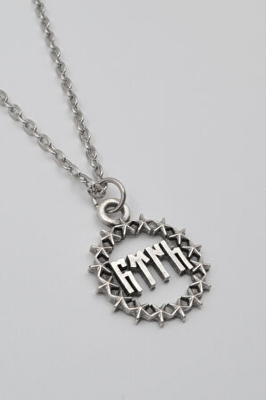 Göktürkçe Türk Yazılı ve Yıldızlı Kolye - Düz Ezme İthal Zincirli Unisex Gümüş Kaplama - 60 cm