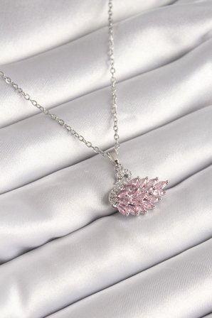 316L Çelik Gümüş Renk Zincir Pembe Zirkon Taşlı Kuğu Model Kadın Kolye