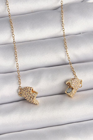 316L Çelik Gold Renk Zincir Zirkon Taşlı Mıknatıslı Kalp Model Kadın Kolye