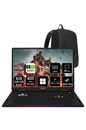 Raider A18 HX AMD Ryzen 9-8940HX RTX 5070 Ti 12GB 140W 128GB RAM 4TB + 4TB SSD 18" 2K QHD+ 240Hz Win11 Home A8WHG280TRP420 Gaming Laptop + PER4 Çanta
