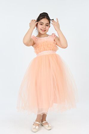 Kız Çocuk Tül Kumaş Kupür Işlemeli Astarlı Zarif Gece Mezuniyet Düğün Abiye Elbise