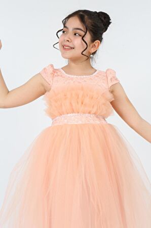 Kız Çocuk Tül Kumaş Kupür Işlemeli Astarlı Zarif Gece Mezuniyet Düğün Abiye Elbise