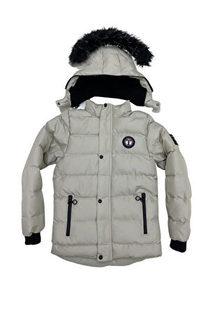 Erkek Çocuk Kışlık Şişme Elyaf Dolgulu İçi Polar Basen Diz Arası Kapüşonlu Mont