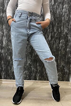 Kız Çocuk Yüksek Bel Dizi Yırtık Likralı Jean Kumaş Dar Paça Kot Pantolon