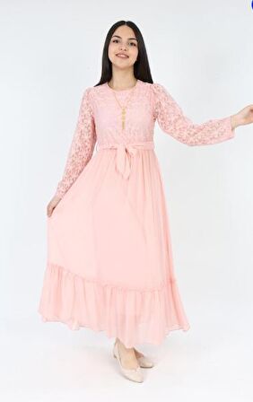 Kız Çocuk Tül Kumaş Kupür İşlemeli Kolyeli Astarlı Gece Mezuniyet Düğün Abiye Elbise