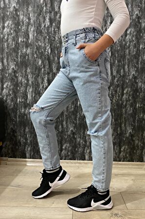 Kız Çocuk Yüksek Bel Dizi Yırtık Likralı Jean Kumaş Dar Paça Kot Pantolon