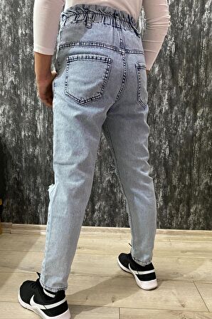 Kız Çocuk Yüksek Bel Dizi Yırtık Likralı Jean Kumaş Dar Paça Kot Pantolon