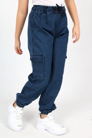 Kız Çocuk Lastik Bel Kargo Cep Rahat Günlük Jean Kot Pantolon