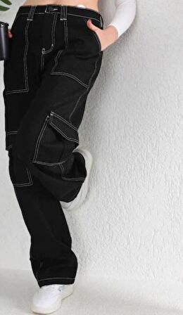 Kız Çocuk Siyah Ters Diliş Detaylı Denim Kargo Pantolon Kot Jean