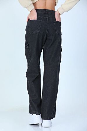 Kız Çocuk Kargo Cep Detaylı Yüksek Bel Wide Leg Kot Pantolon