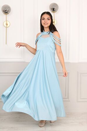 Kız Çocuk Simli Kumaş Astarlı Abiye Gece Mezuniyet Elbisesi