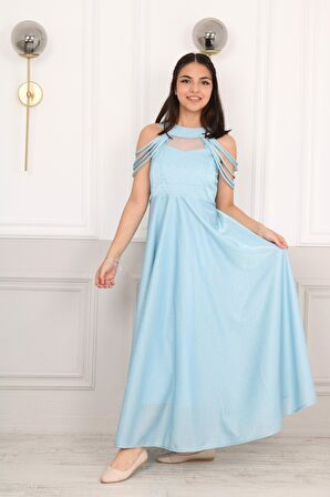 Kız Çocuk Simli Kumaş Astarlı Abiye Gece Mezuniyet Elbisesi