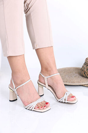 Berty Bej Taşlı Topuklu Kadın Ayakkabı