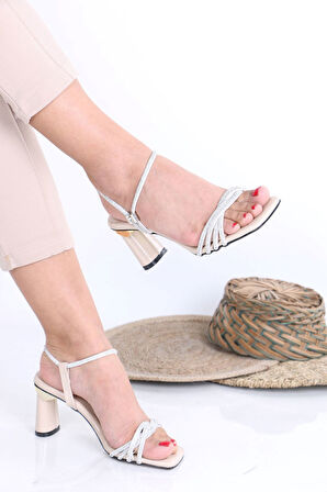 Berty Bej Taşlı Topuklu Kadın Ayakkabı