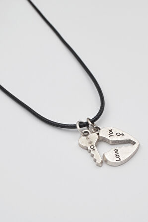 Kalp ve Anahtar 'Love' Yazılı Kolye - PU Deri İp Zincirli Unisex Gümüş Kaplama - 60 cm