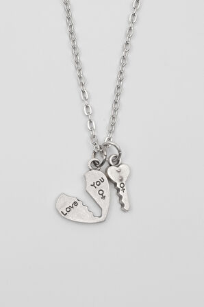 Kalp ve Anahtar 'Love' Yazılı Kolye - Düz Ezme İthal Zincirli Unisex Gümüş Kaplama - 60 cm
